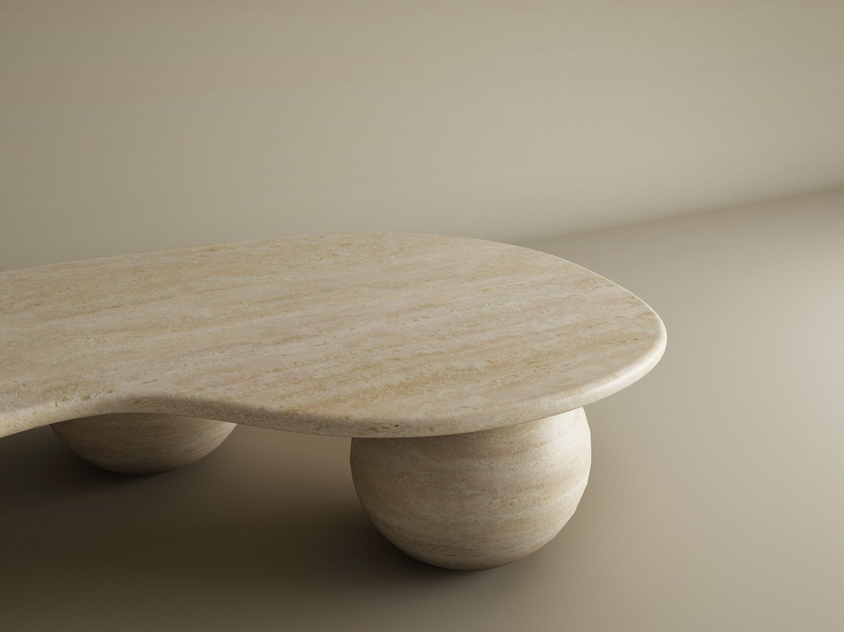 Ondara – Table basse ondulée en travertin naturel avec bases sphériques-Galerie Pietra