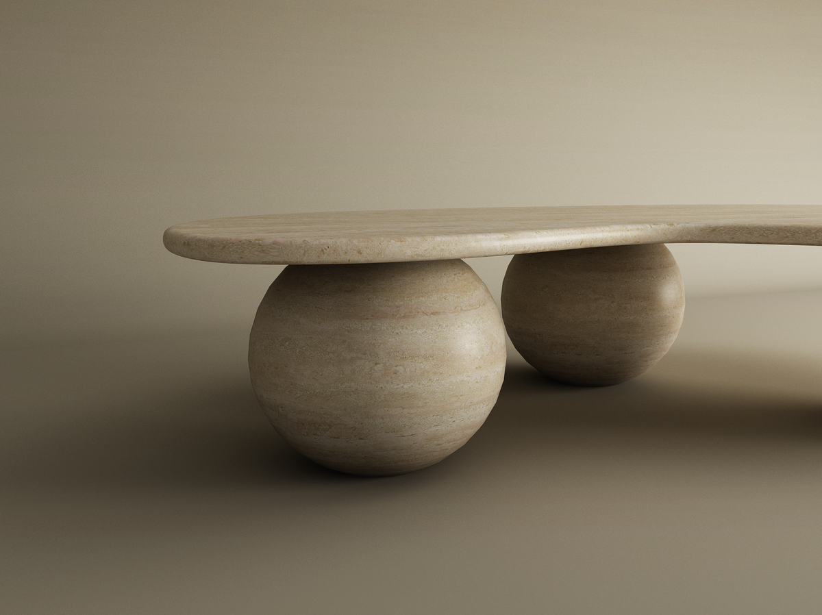Ondara – Table basse ondulée en travertin naturel avec bases sphériques-Galerie Pietra