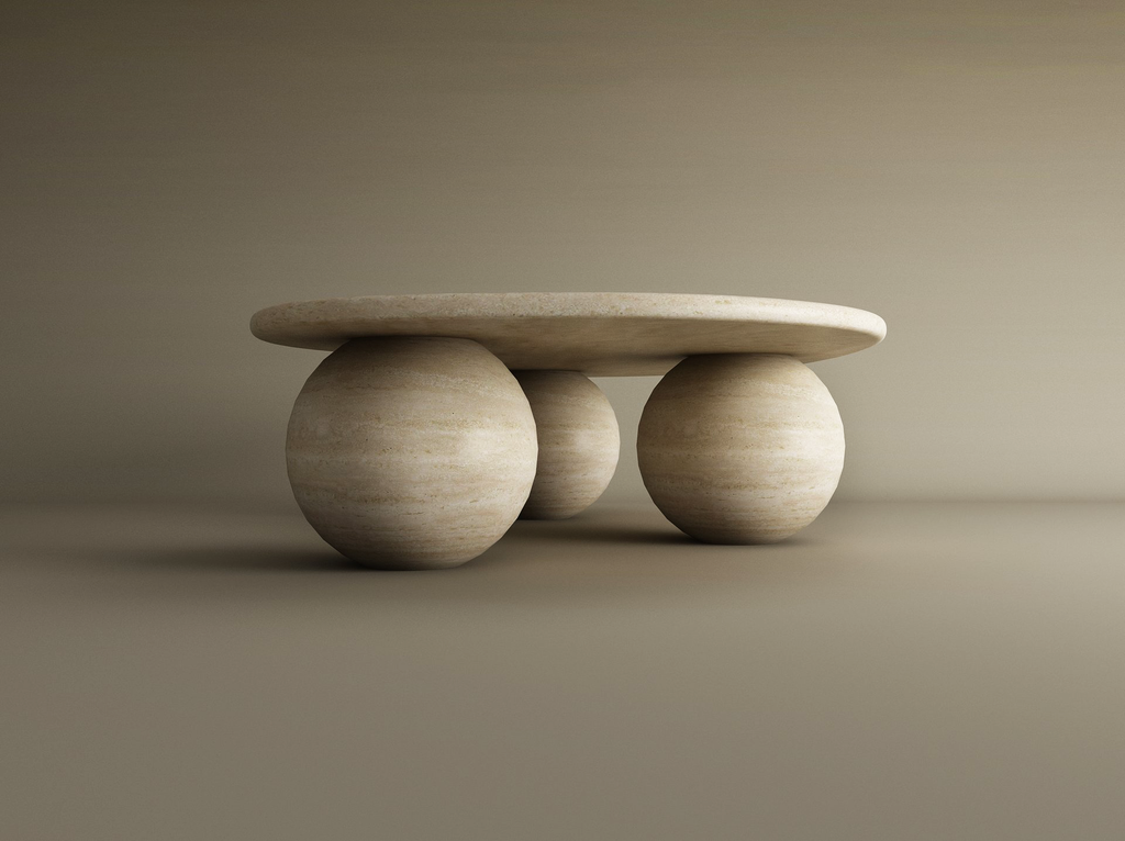 Ondara – Table basse ondulée en travertin naturel avec bases sphériques-Galerie Pietra