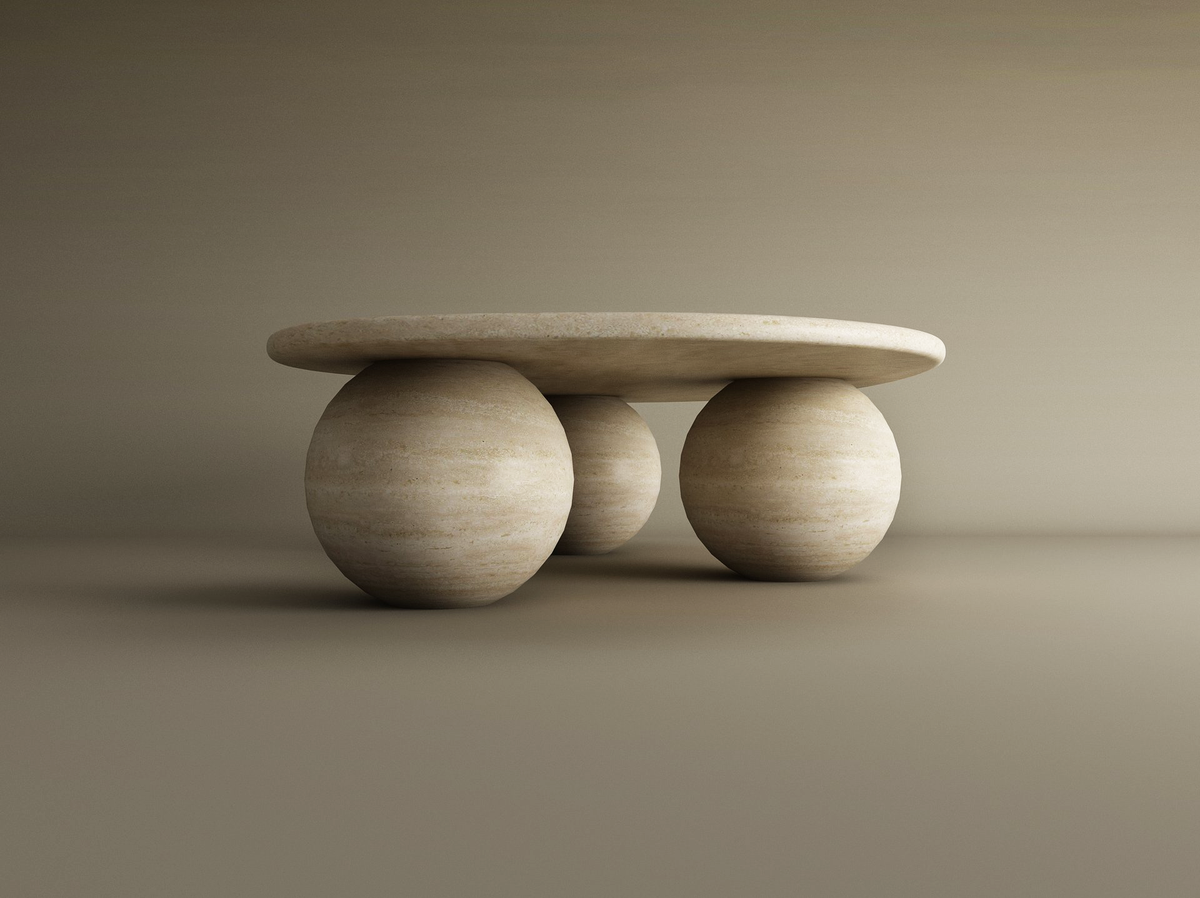 Ondara – Table basse ondulée en travertin naturel avec bases sphériques-Galerie Pietra