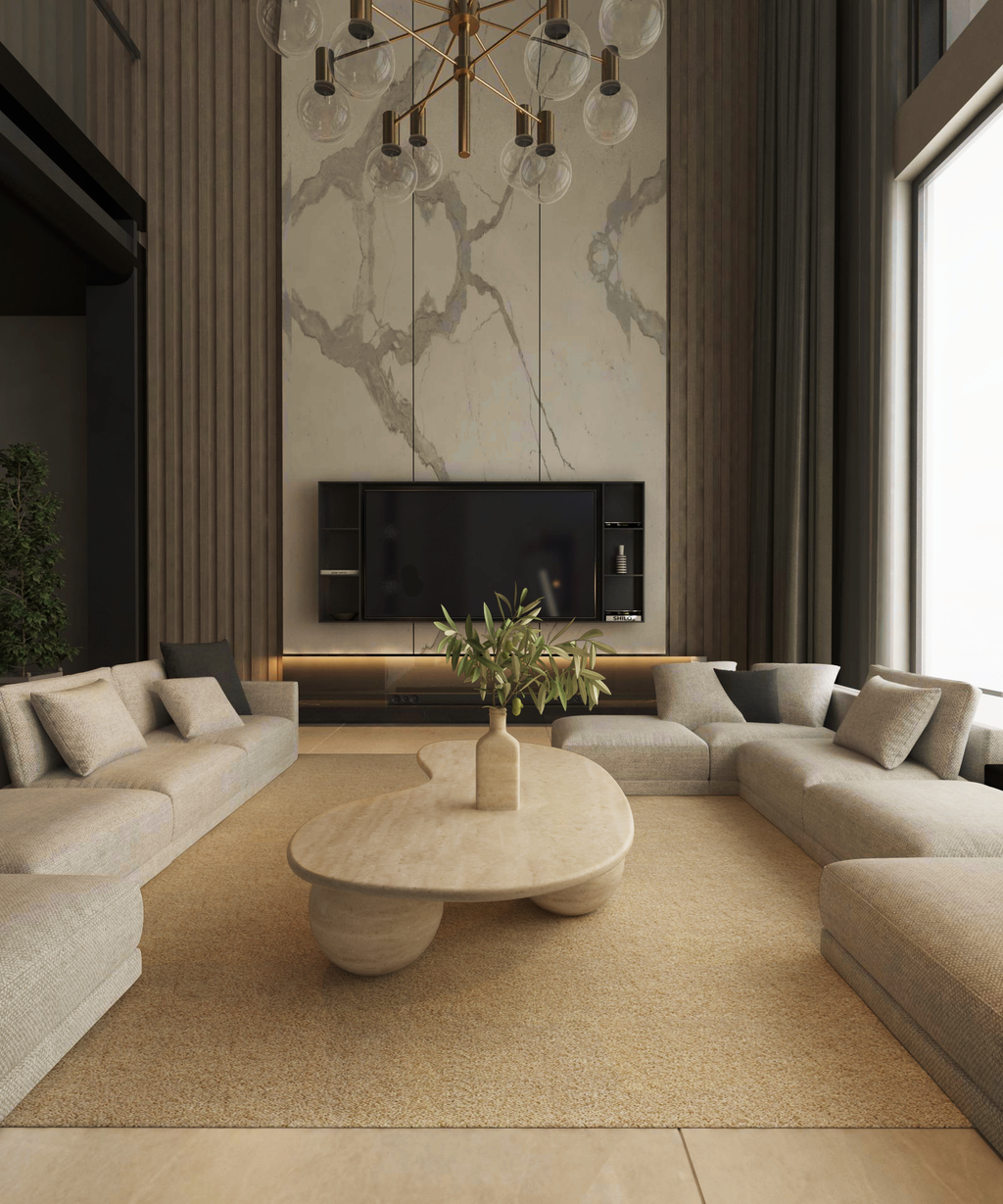 Ondara – Table basse ondulée en travertin naturel avec bases sphériques-Galerie Pietra