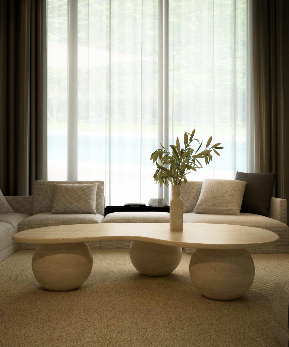 Ondara – Table basse ondulée en travertin naturel avec bases sphériques-Galerie Pietra