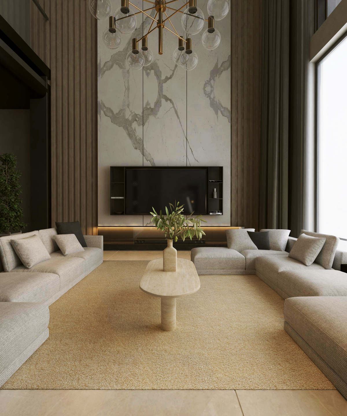 Orbis – Table basse ovale en travertin naturel avec base cylindrique-Galerie Pietra