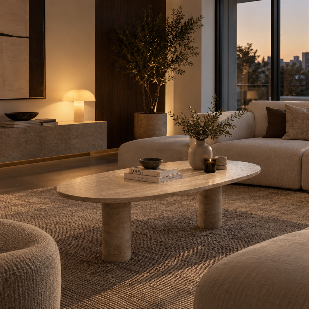 Orbis – Table basse ovale en travertin naturel avec base cylindrique-Galerie Pietra