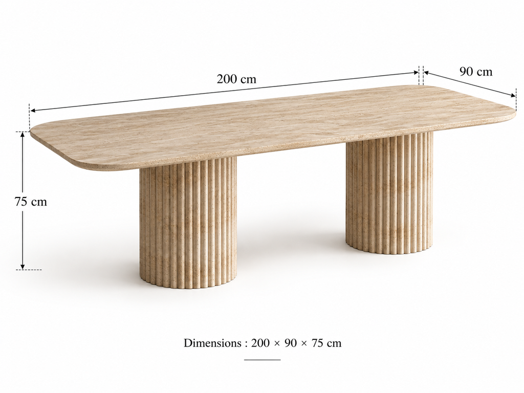 Orven – Table à manger rectangulaire en travertin naturel avec piètement rond cannelé-Galerie Pietra