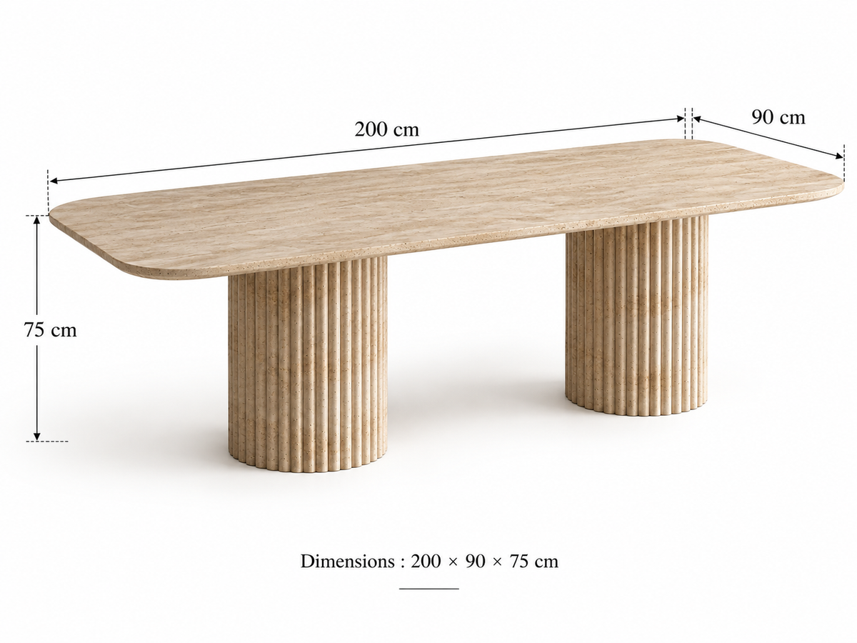 Orven – Table à manger rectangulaire en travertin naturel avec piètement rond cannelé-Galerie Pietra
