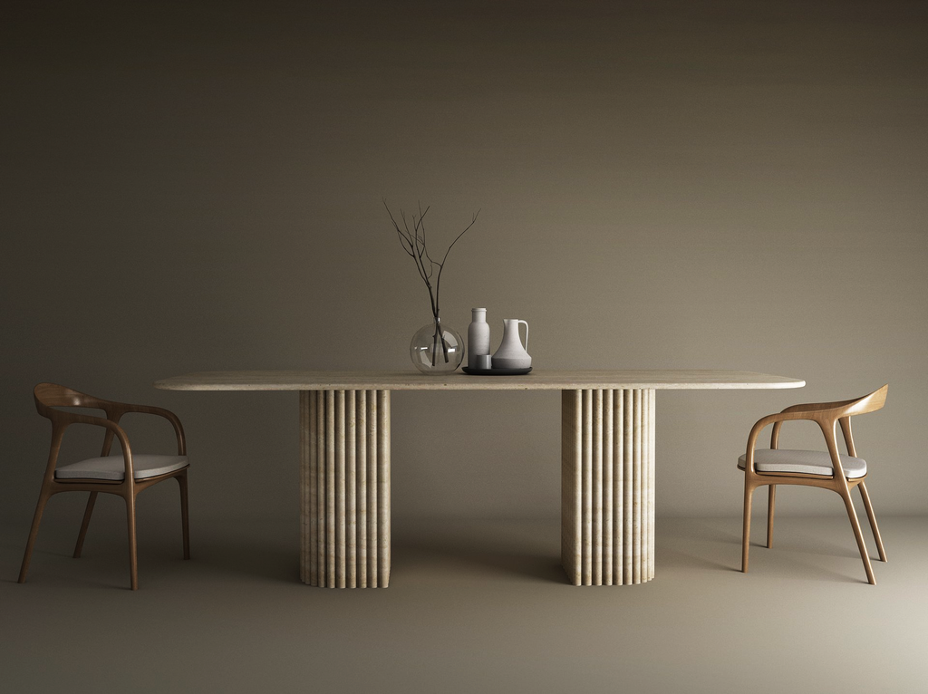 Orven – Table à manger rectangulaire en travertin naturel avec piètement rond cannelé-Galerie Pietra
