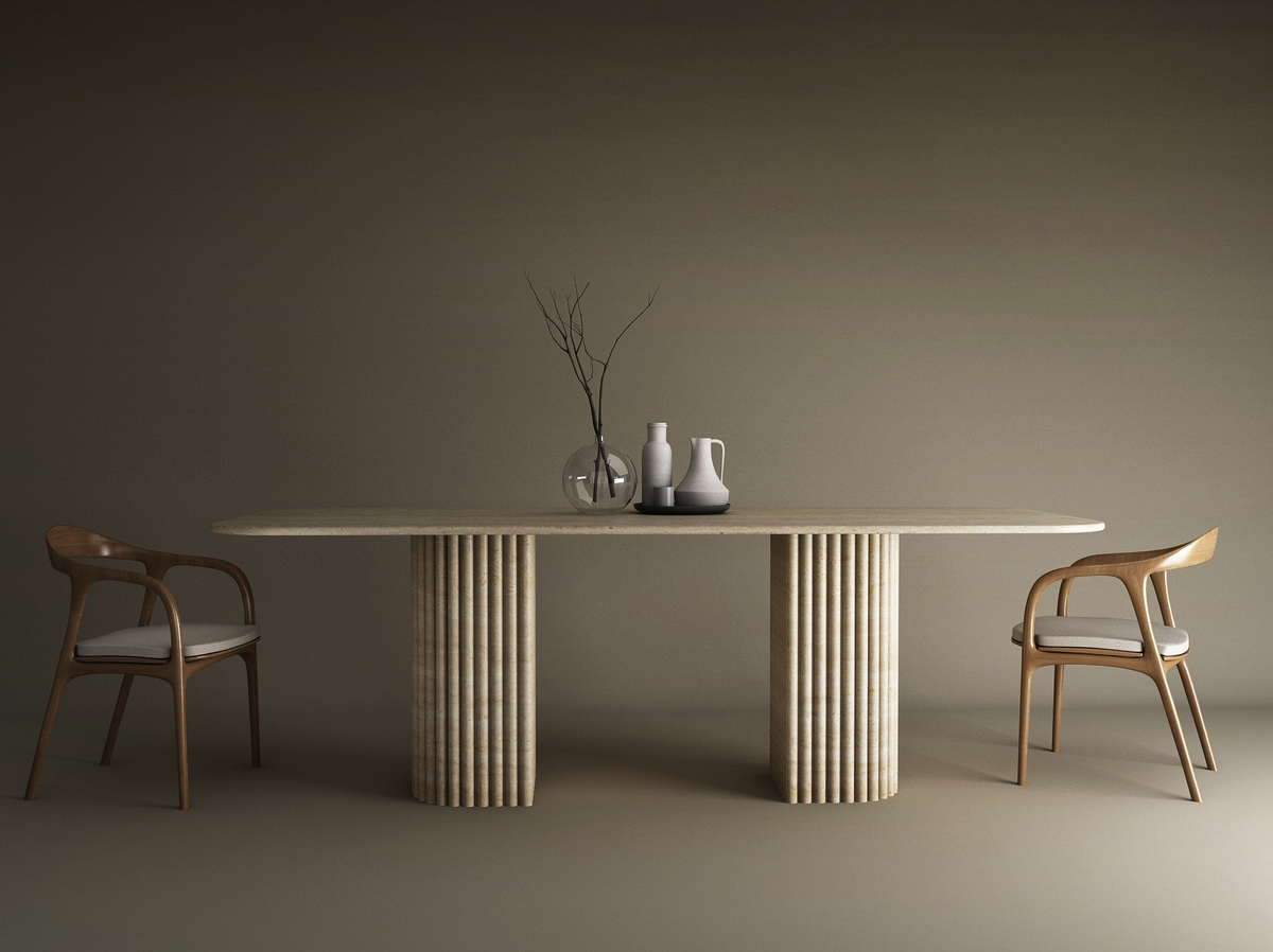 Orven – Table à manger rectangulaire en travertin naturel avec piètement rond cannelé-Galerie Pietra