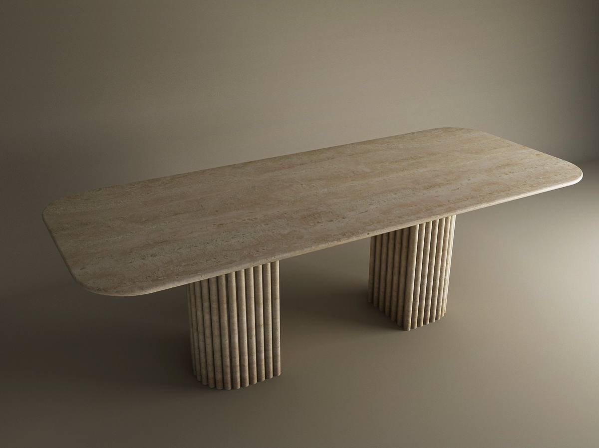 Orven – Table à manger rectangulaire en travertin naturel avec piètement rond cannelé-Galerie Pietra