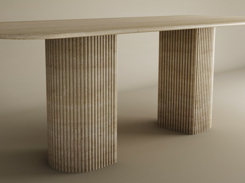 Orven – Table à manger rectangulaire en travertin naturel avec piètement rond cannelé-Galerie Pietra