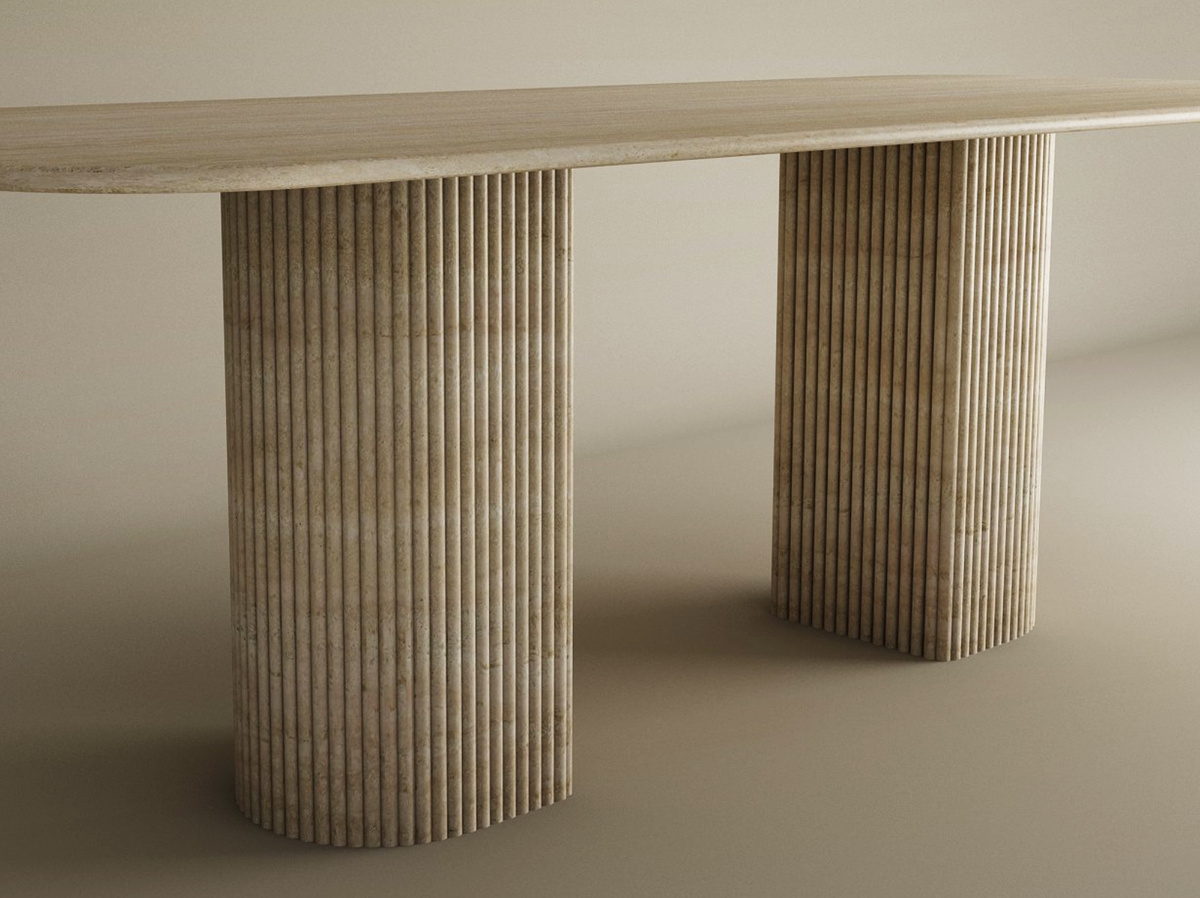 Orven – Table à manger rectangulaire en travertin naturel avec piètement rond cannelé-Galerie Pietra