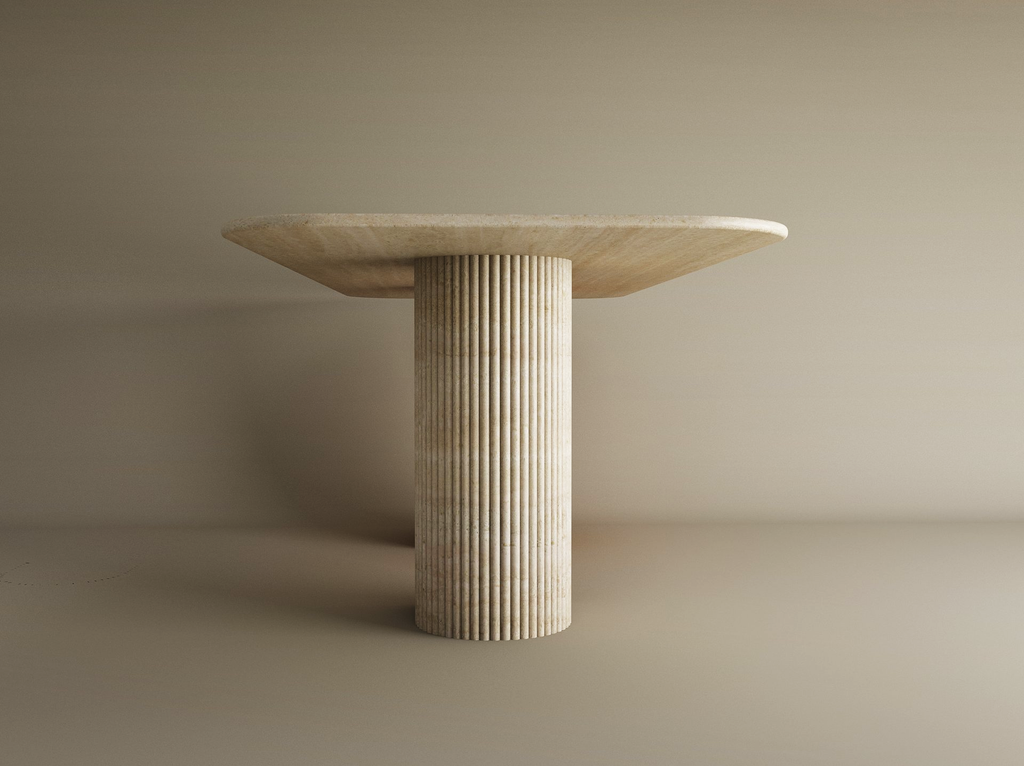 Orven – Table à manger rectangulaire en travertin naturel avec piètement rond cannelé-Galerie Pietra