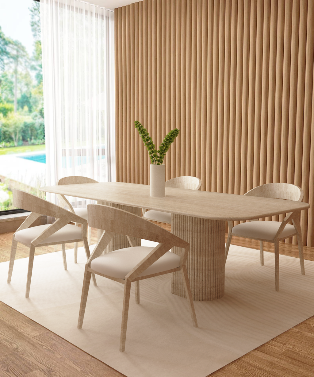 Orven – Table à manger rectangulaire en travertin naturel avec piètement rond cannelé-Galerie Pietra
