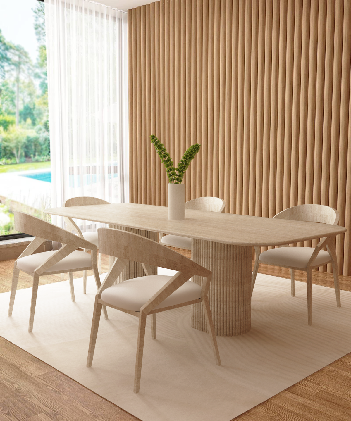 Orven – Table à manger rectangulaire en travertin naturel avec piètement rond cannelé-Galerie Pietra