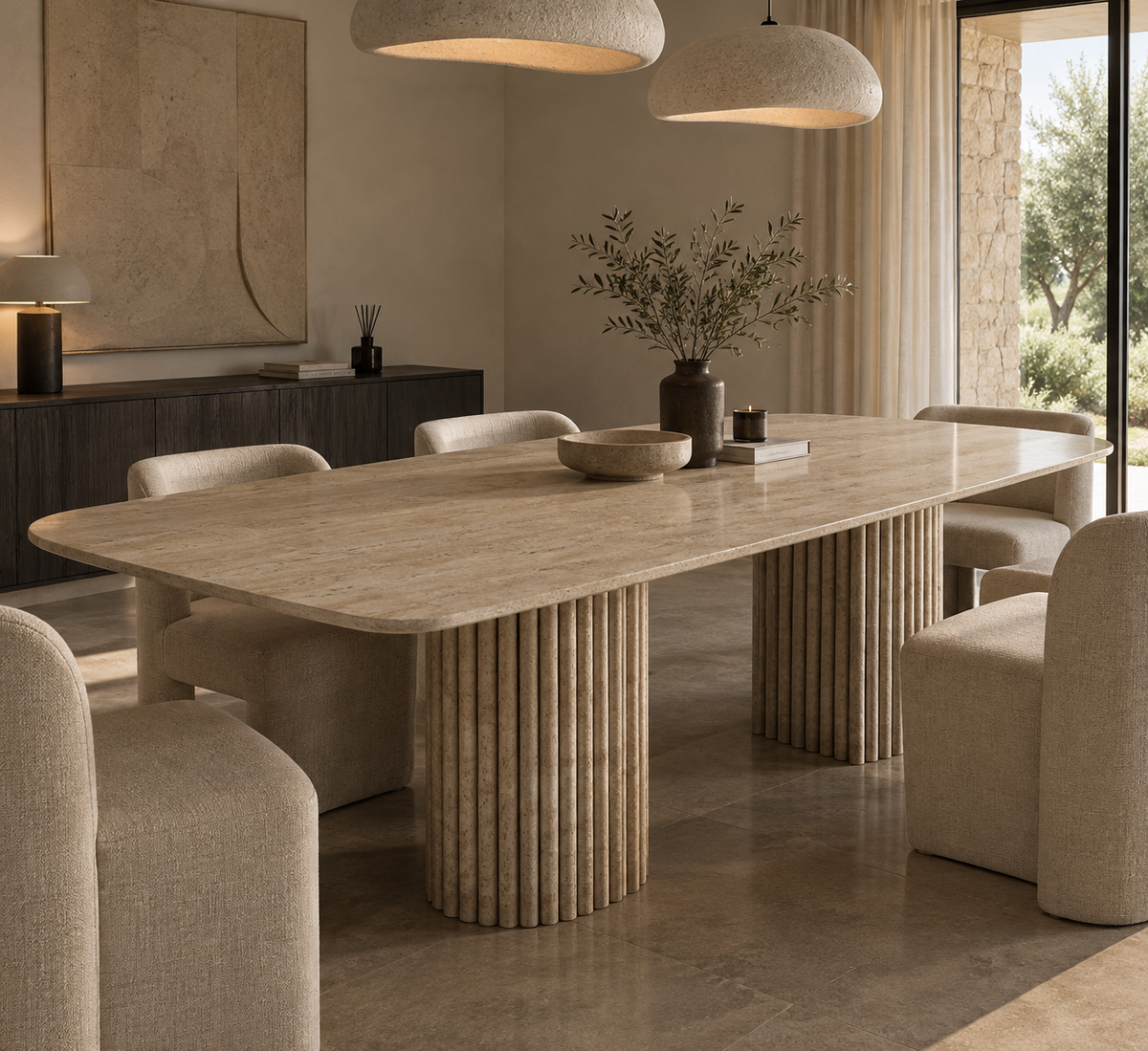 Orven – Table à manger rectangulaire en travertin naturel avec piètement rond cannelé-Galerie Pietra