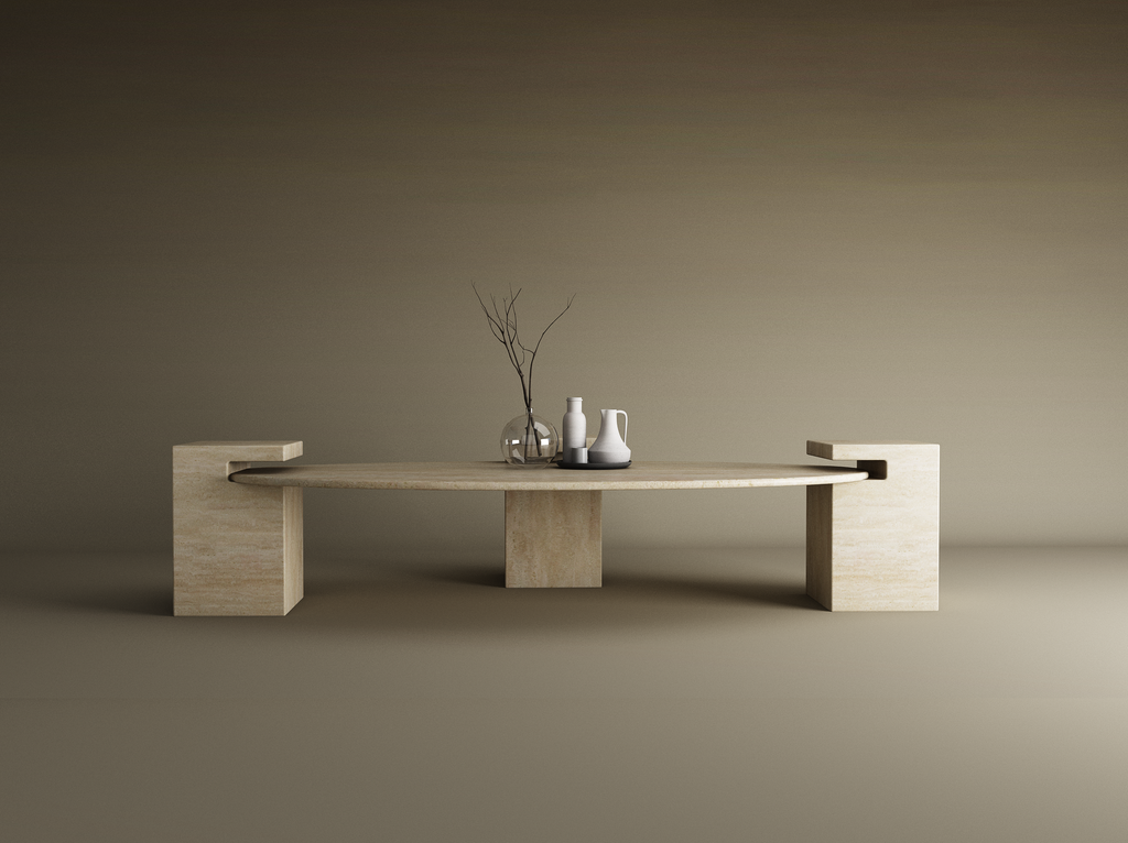 Selka – Table basse elliptique en travertin naturel avec base carrée-Galerie Pietra