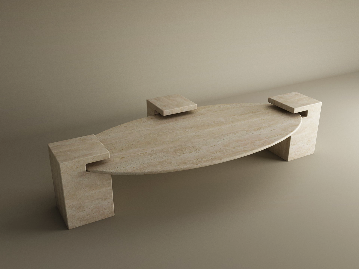 Selka – Table basse elliptique en travertin naturel avec base carrée-Galerie Pietra