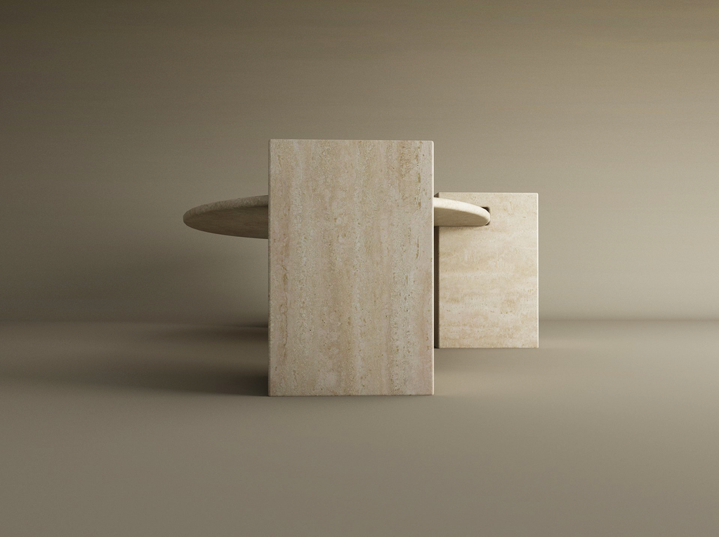 Selka – Table basse elliptique en travertin naturel avec base carrée-Galerie Pietra