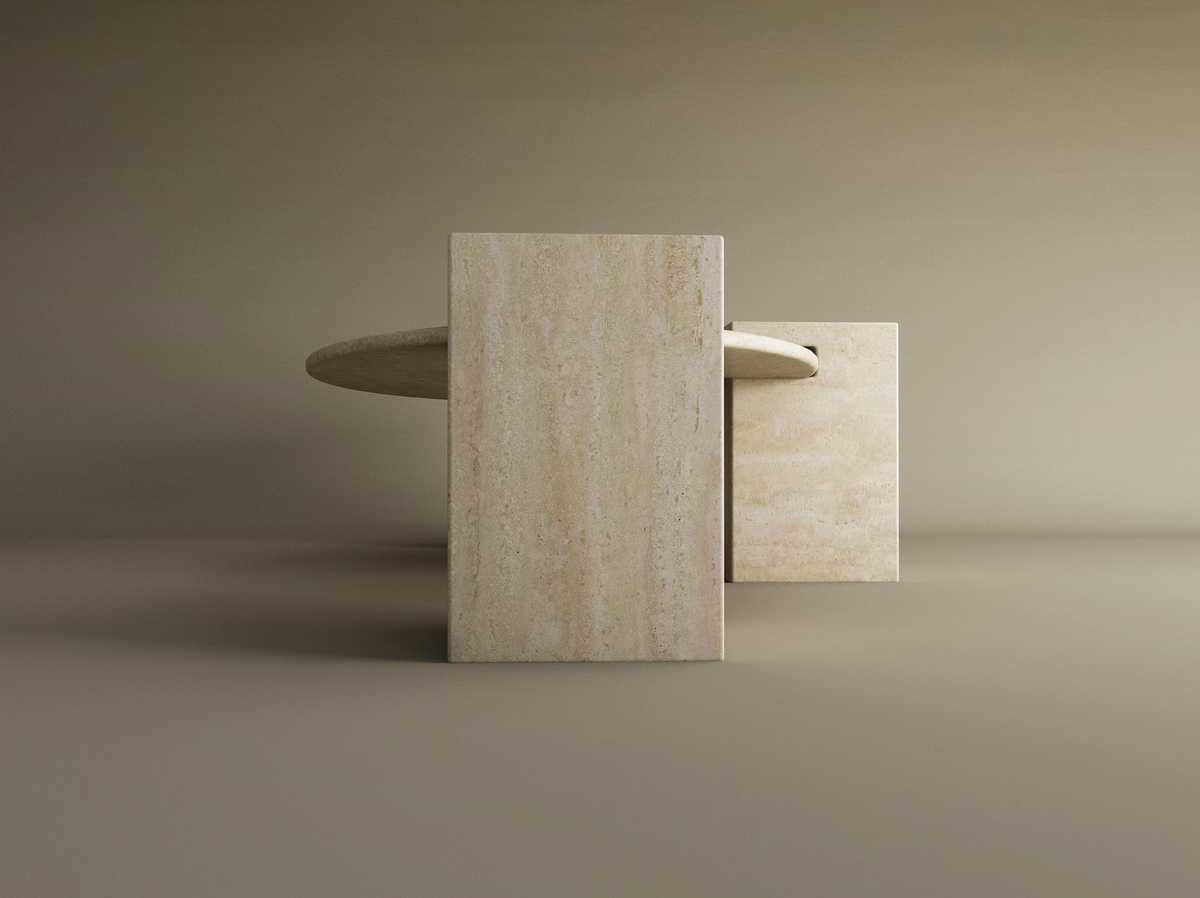 Selka – Table basse elliptique en travertin naturel avec base carrée-Galerie Pietra