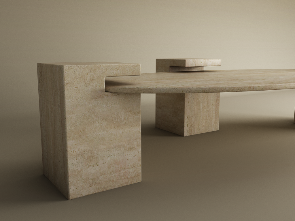 Selka – Table basse elliptique en travertin naturel avec base carrée-Galerie Pietra