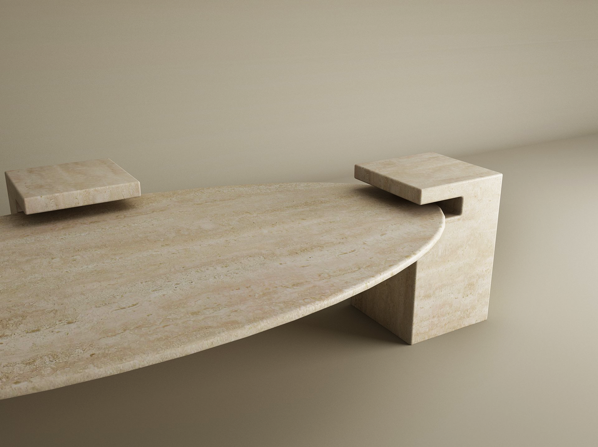 Selka – Table basse elliptique en travertin naturel avec base carrée-Galerie Pietra