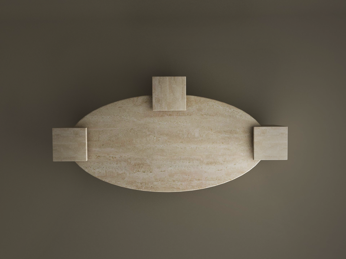 Selka – Table basse elliptique en travertin naturel avec base carrée-Galerie Pietra