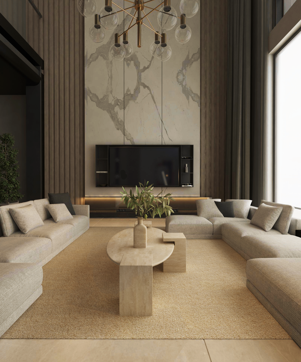Selka – Table basse elliptique en travertin naturel avec base carrée-Galerie Pietra