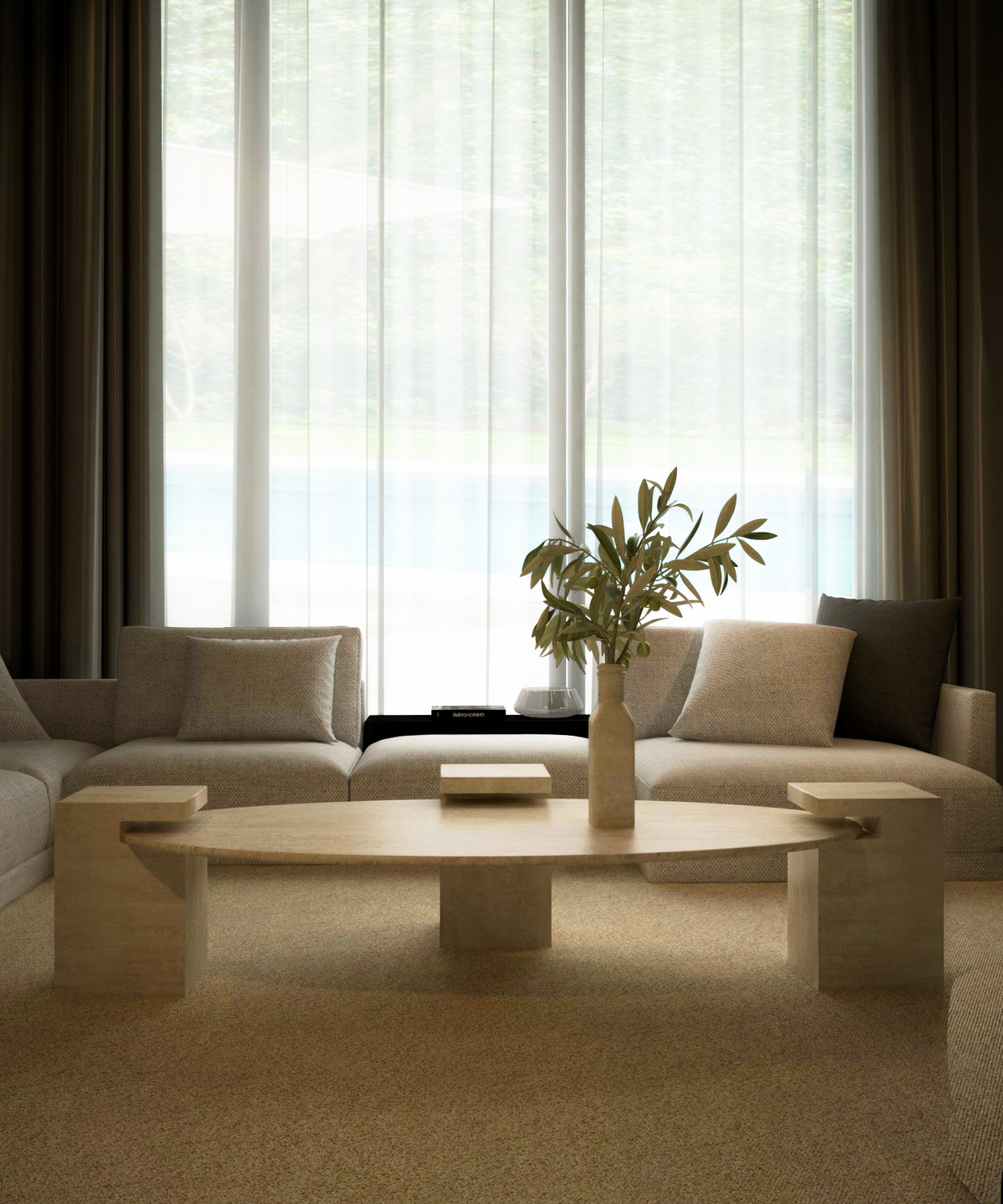 Selka – Table basse elliptique en travertin naturel avec base carrée-Galerie Pietra