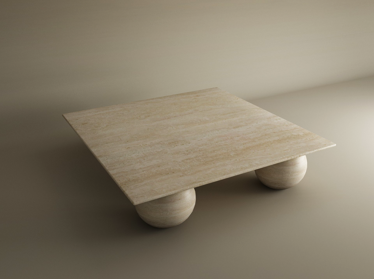 Sfera – Table basse carrée en travertin naturel avec base sphérique-Galerie Pietra