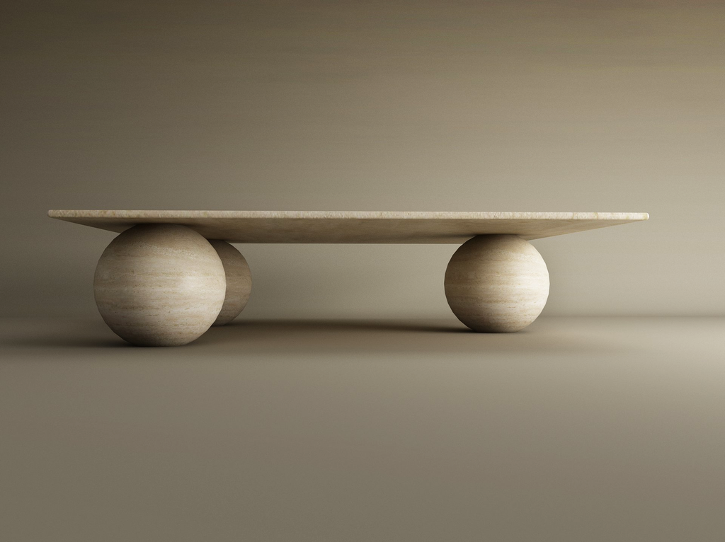 Sfera – Table basse carrée en travertin naturel avec base sphérique-Galerie Pietra