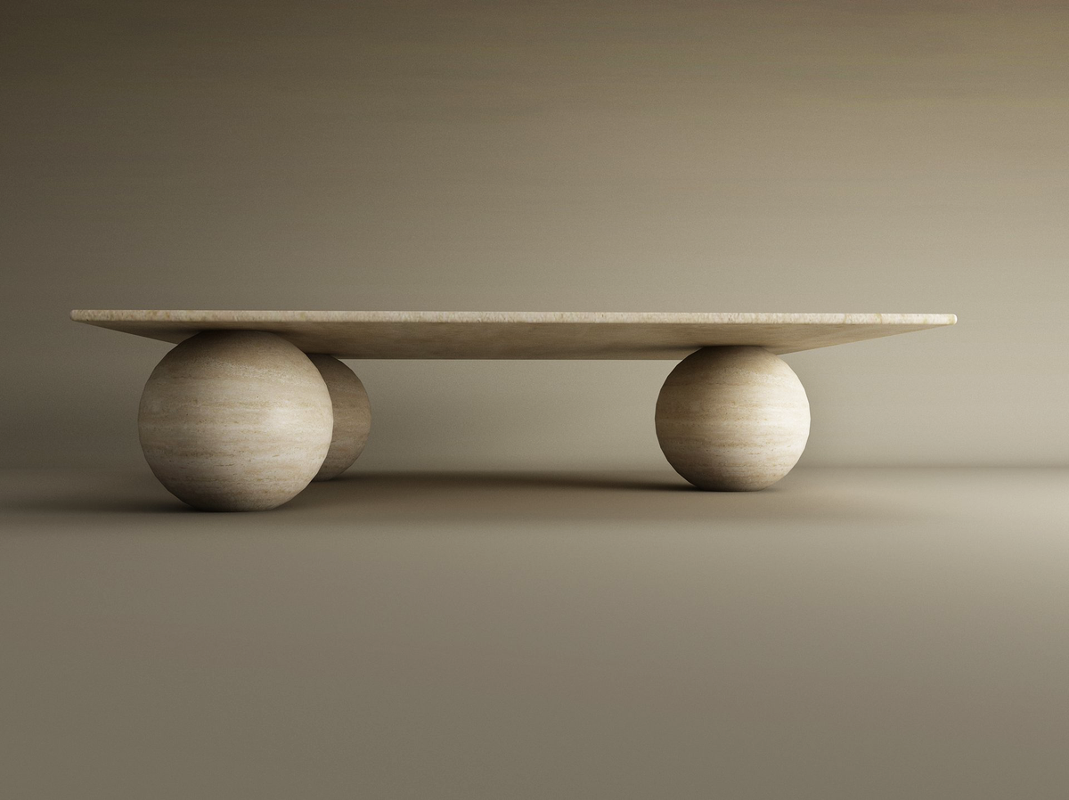 Sfera – Table basse carrée en travertin naturel avec base sphérique-Galerie Pietra