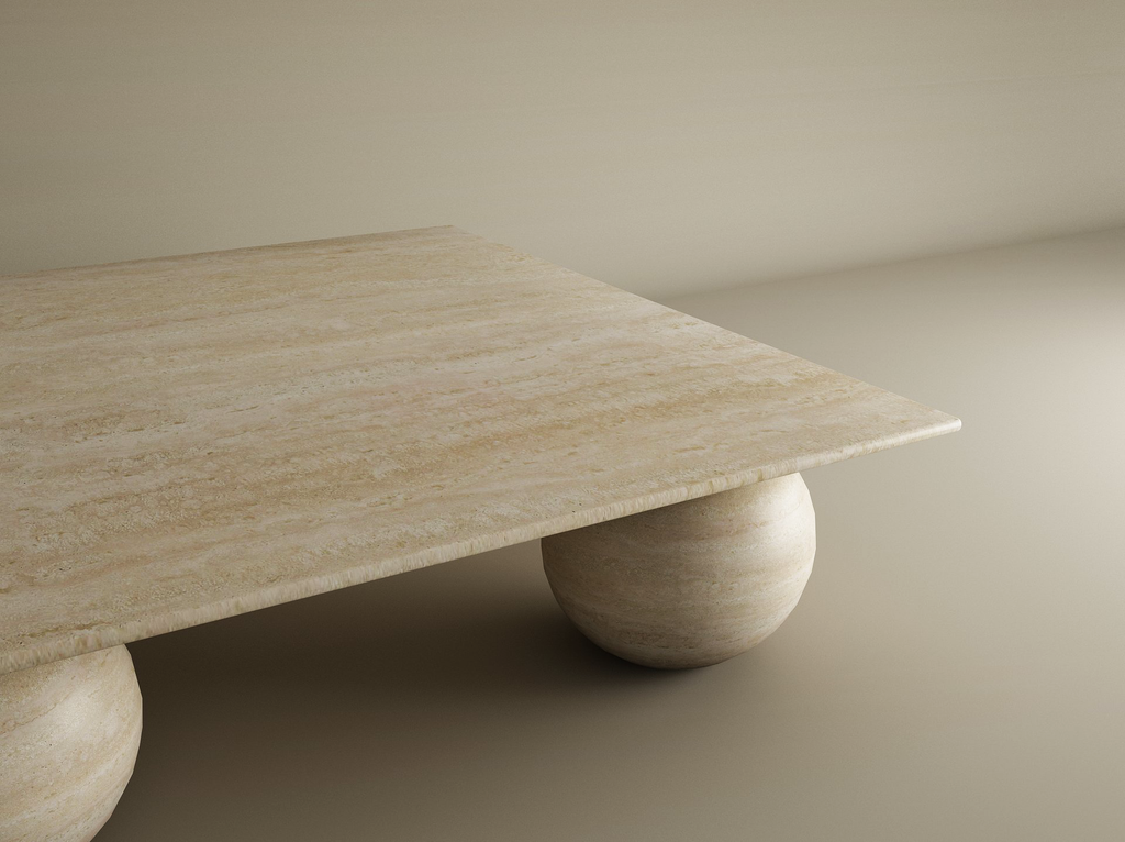 Sfera – Table basse carrée en travertin naturel avec base sphérique-Galerie Pietra