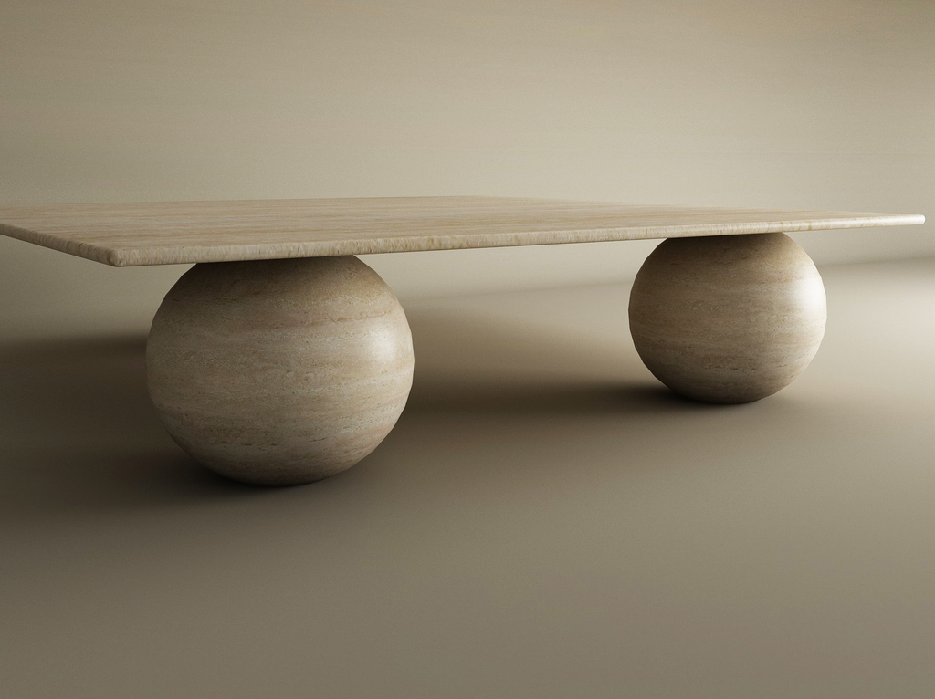 Sfera – Table basse carrée en travertin naturel avec base sphérique-Galerie Pietra