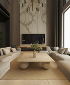 Sfera – Table basse carrée en travertin naturel avec base sphérique-Galerie Pietra