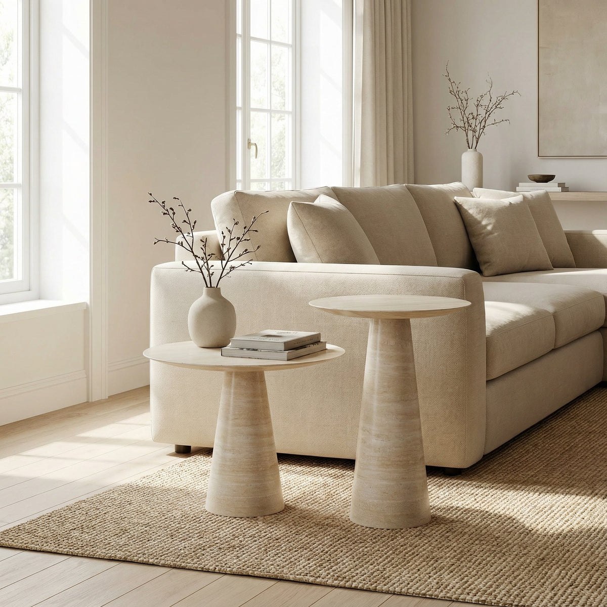 Twin Pillars – Ensemble de deux tables d’appoint en travertin naturel-Galerie Pietra