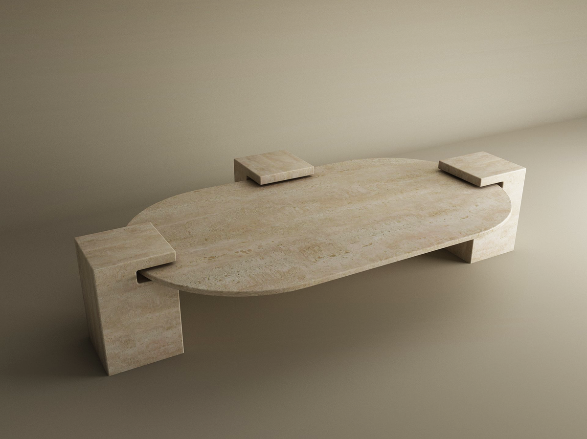 Varen – Table basse ovale en travertin naturel avec base carrée-Galerie Pietra