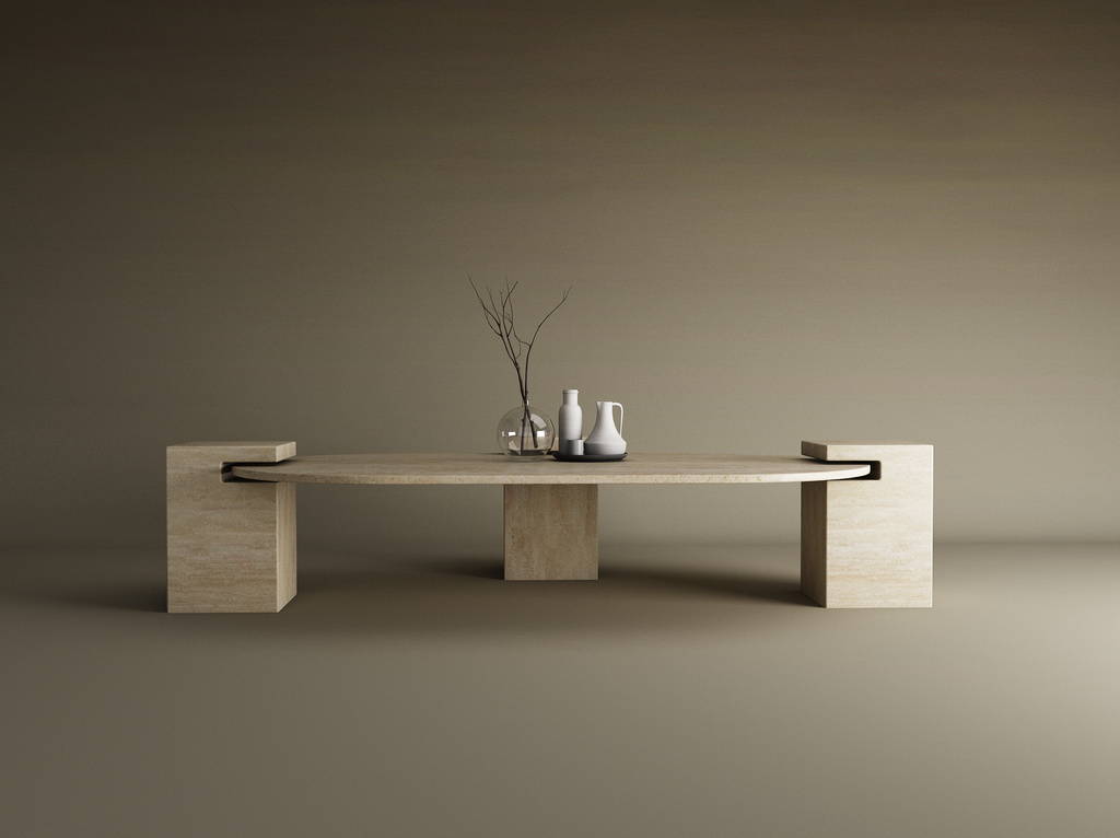 Varen – Table basse ovale en travertin naturel avec base carrée-Galerie Pietra