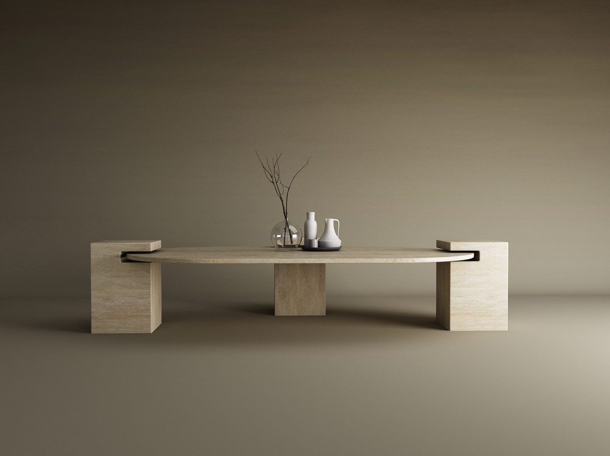 Varen – Table basse ovale en travertin naturel avec base carrée-Galerie Pietra