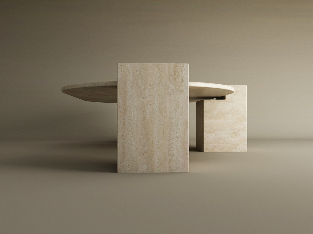 Varen – Table basse ovale en travertin naturel avec base carrée-Galerie Pietra