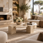 Varen – Table basse ovale en travertin naturel avec base carrée-Galerie Pietra