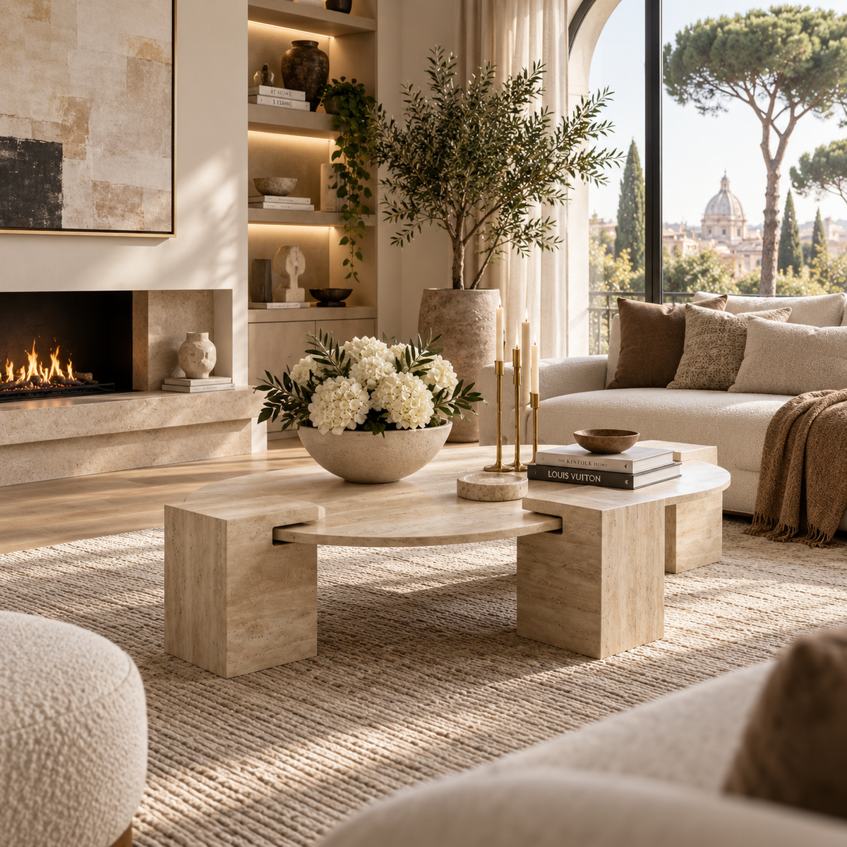 Varen – Table basse ovale en travertin naturel avec base carrée-Galerie Pietra