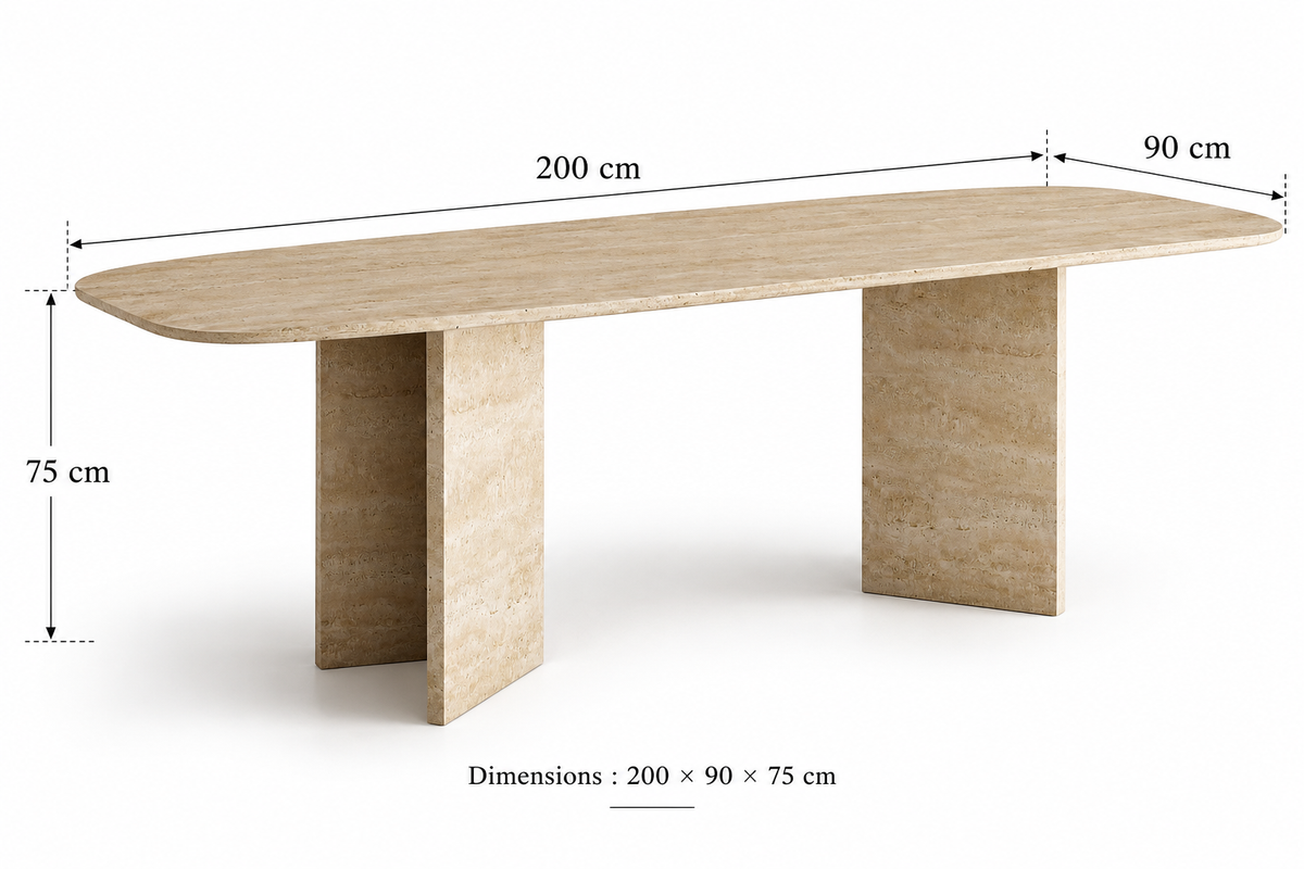 Varenza – Table à manger rectangulaire en travertin naturel avec piètement en V-Galerie Pietra