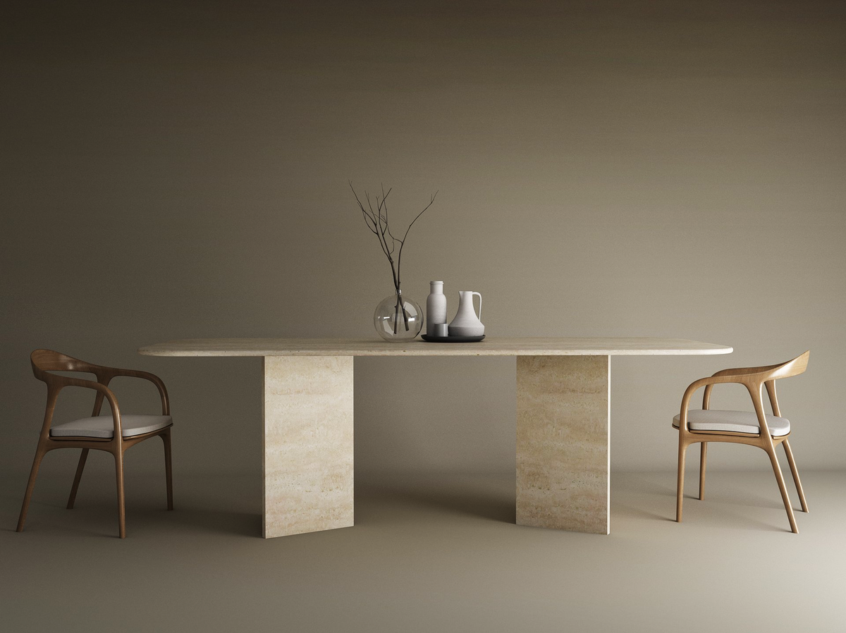 Varenza – Table à manger rectangulaire en travertin naturel avec piètement en V-Galerie Pietra