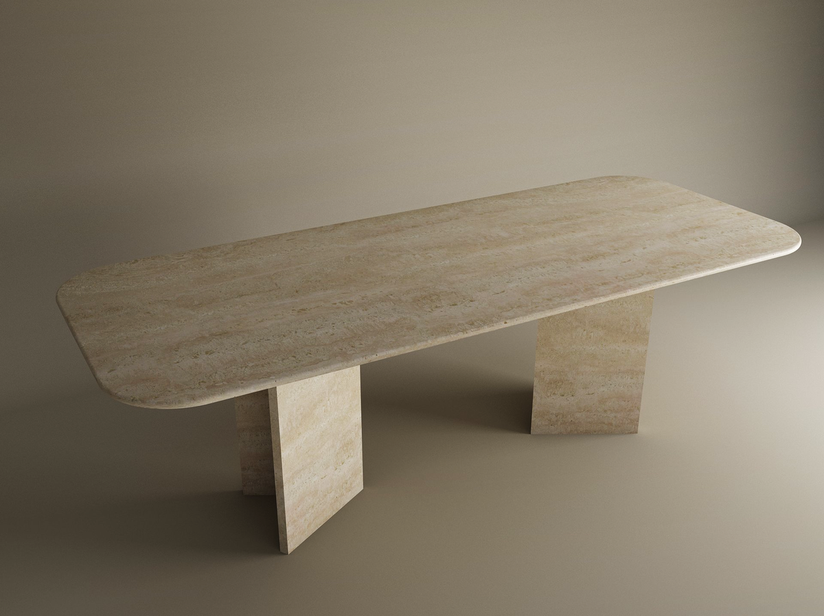 Varenza – Table à manger rectangulaire en travertin naturel avec piètement en V-Galerie Pietra