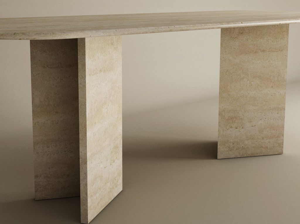 Varenza – Table à manger rectangulaire en travertin naturel avec piètement en V-Galerie Pietra