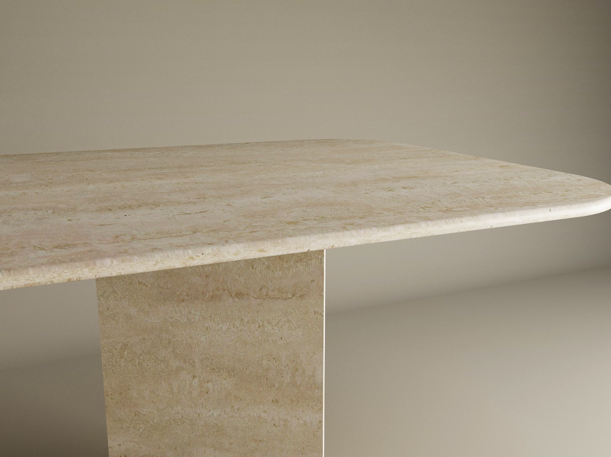 Varenza – Table à manger rectangulaire en travertin naturel avec piètement en V-Galerie Pietra