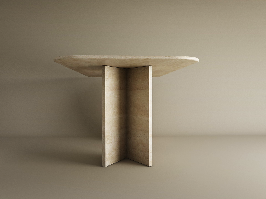 Varenza – Table à manger rectangulaire en travertin naturel avec piètement en V-Galerie Pietra