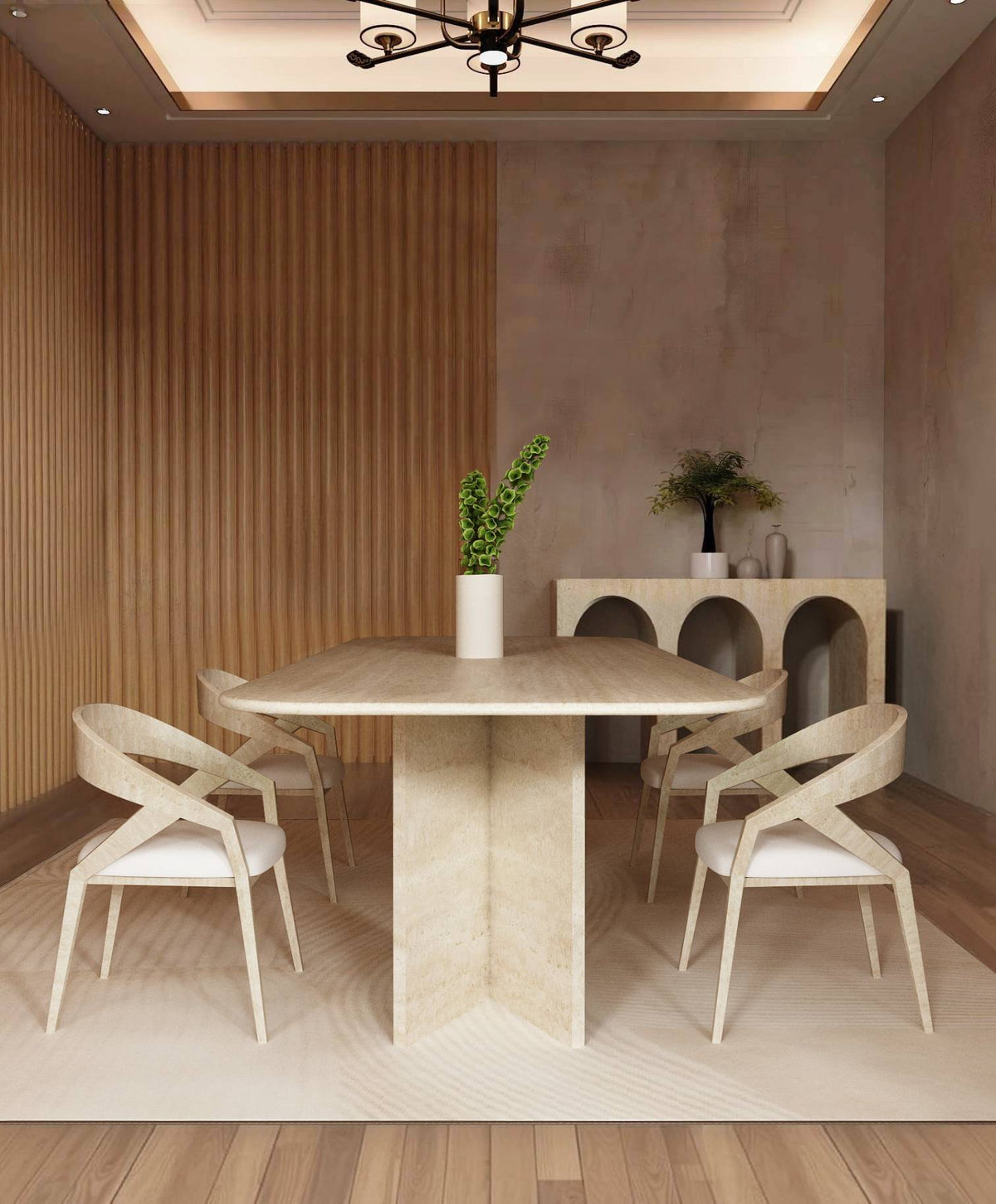 Varenza – Table à manger rectangulaire en travertin naturel avec piètement en V-Galerie Pietra