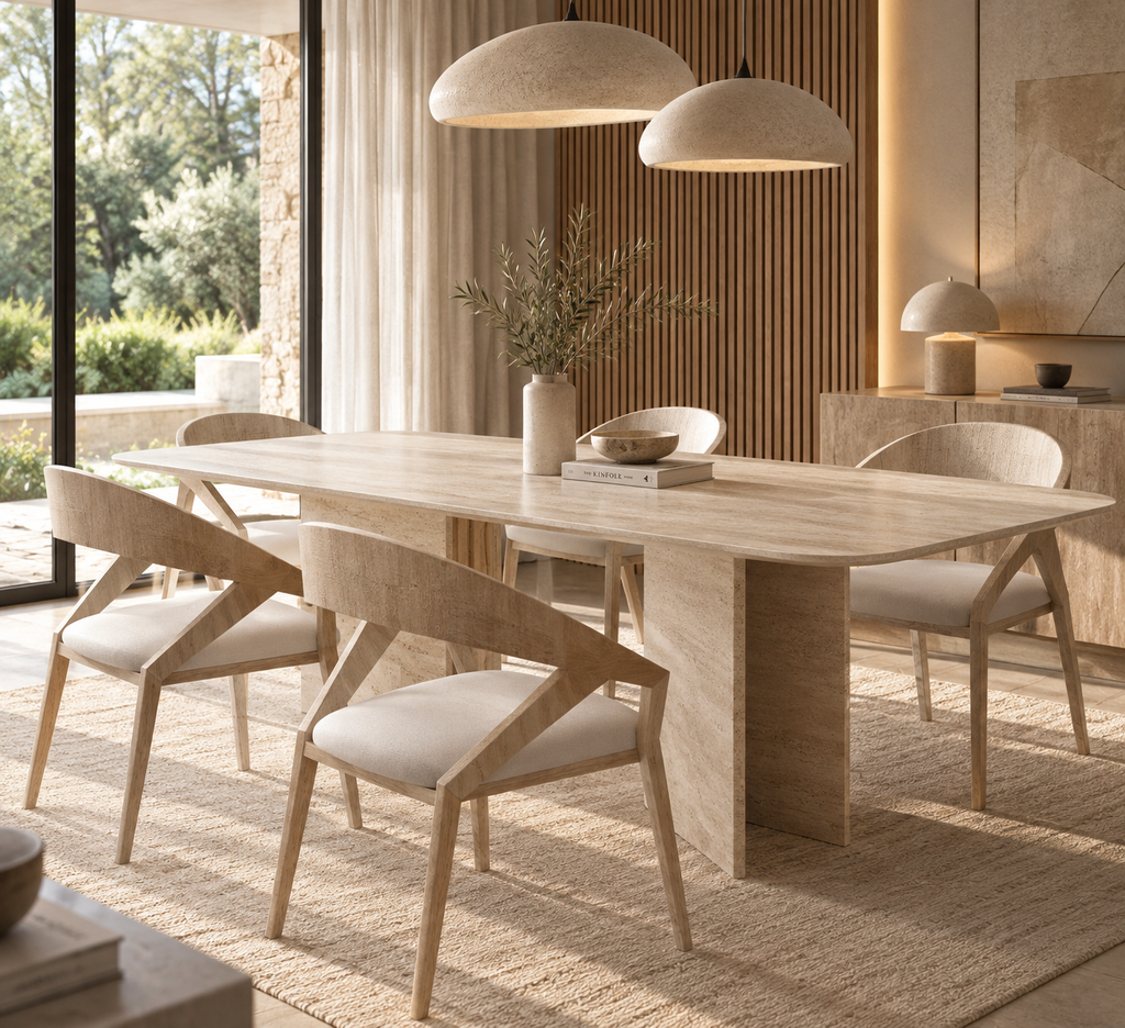 Varenza – Table à manger rectangulaire en travertin naturel avec piètement en V-Galerie Pietra