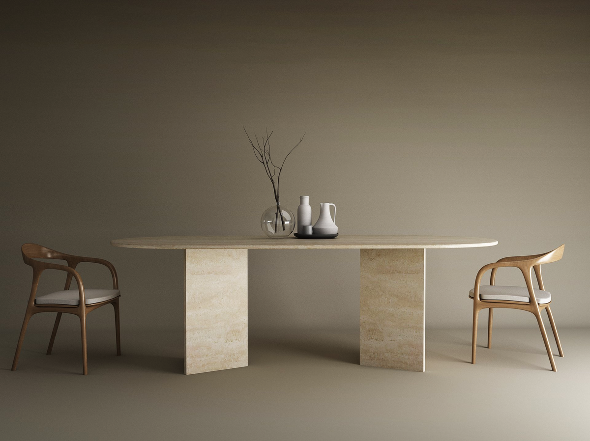 Velia – Table à manger ovale en travertin naturel avec piètement en V-Galerie Pietra